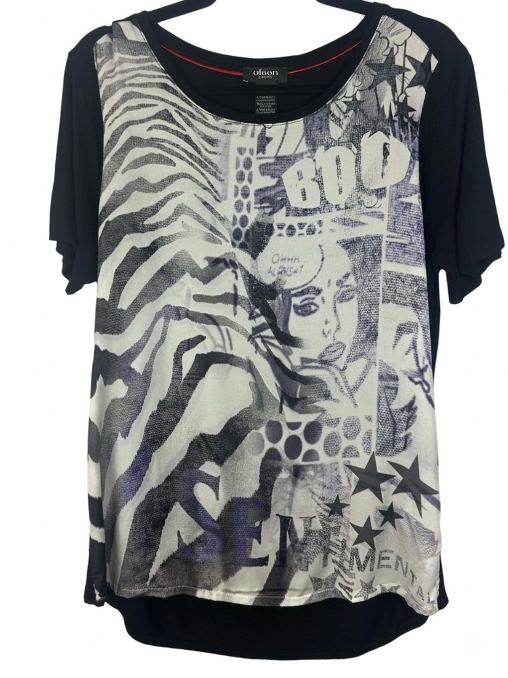 Olsen Europe Comic Graphic Zebra Print Short Sleeve Top Size M Medium (10) Made